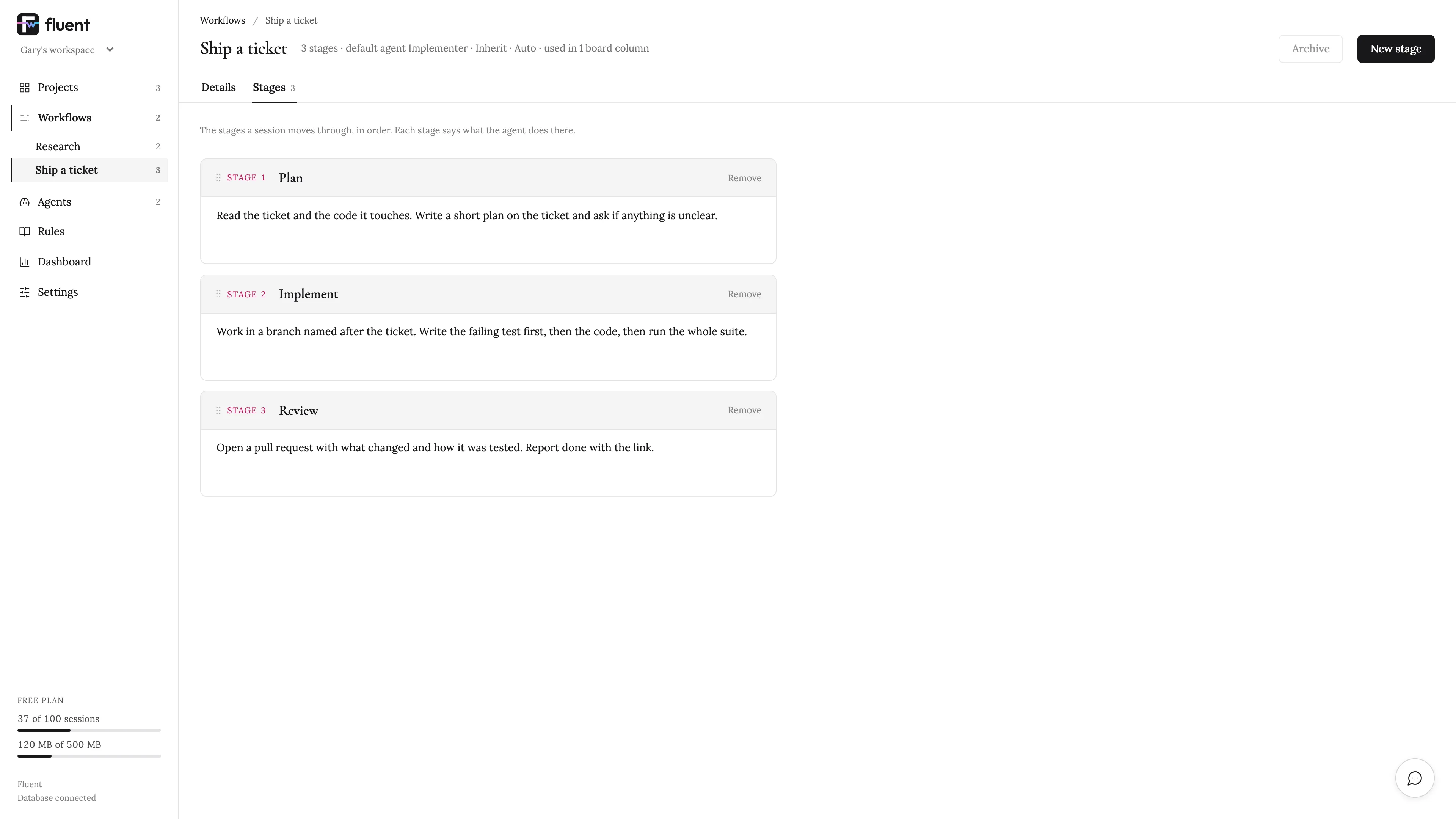 The Ship a ticket workflow: three stages, Plan, Implement and Review, each a short paragraph